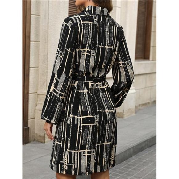 Line Pattern Printed, Waist Belt Cinched, Long-Sleeve Fall Women Dresses - Picture 2 of 6